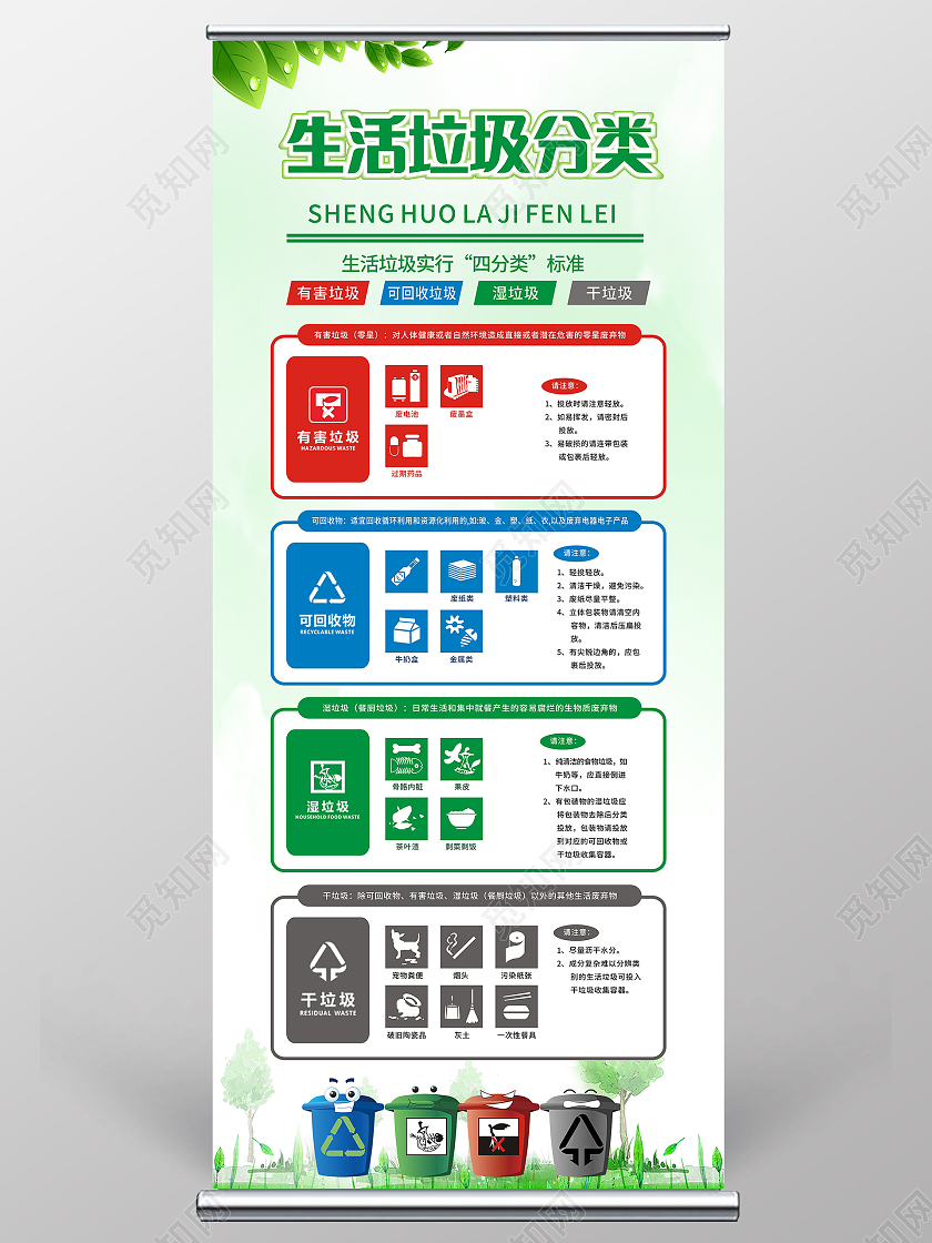 简约小清新生活垃圾分类易拉宝垃圾分类展架