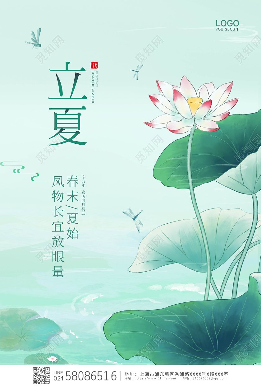 绿色插画小清新荷花立夏节气宣传海报二十四节气24节气
