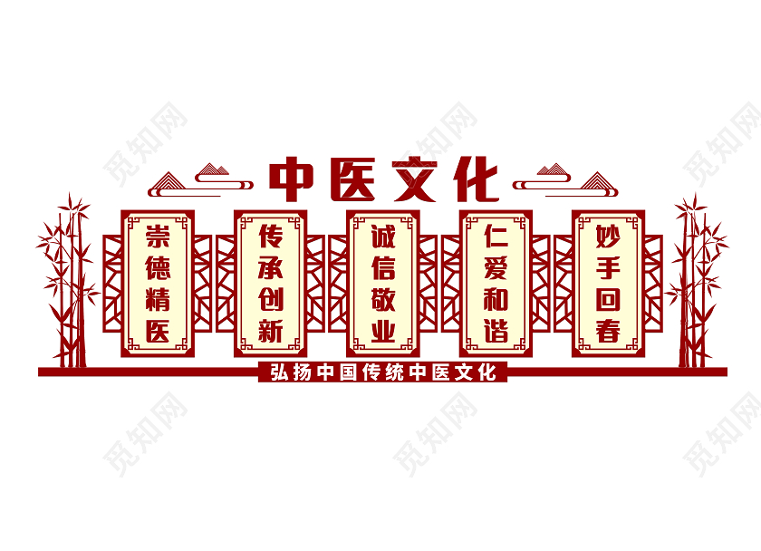 深红色中式中医医院文化墙中医文化墙