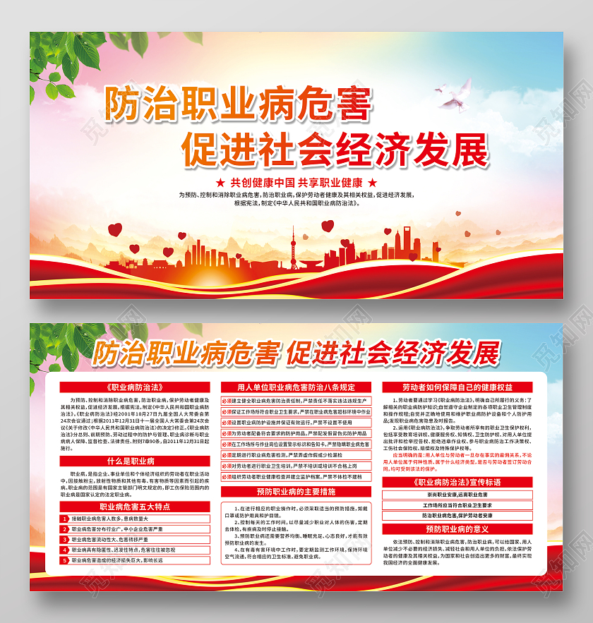 红色城市剪影职业病防治宣传周宣传栏职业病防治法宣传周宣传栏