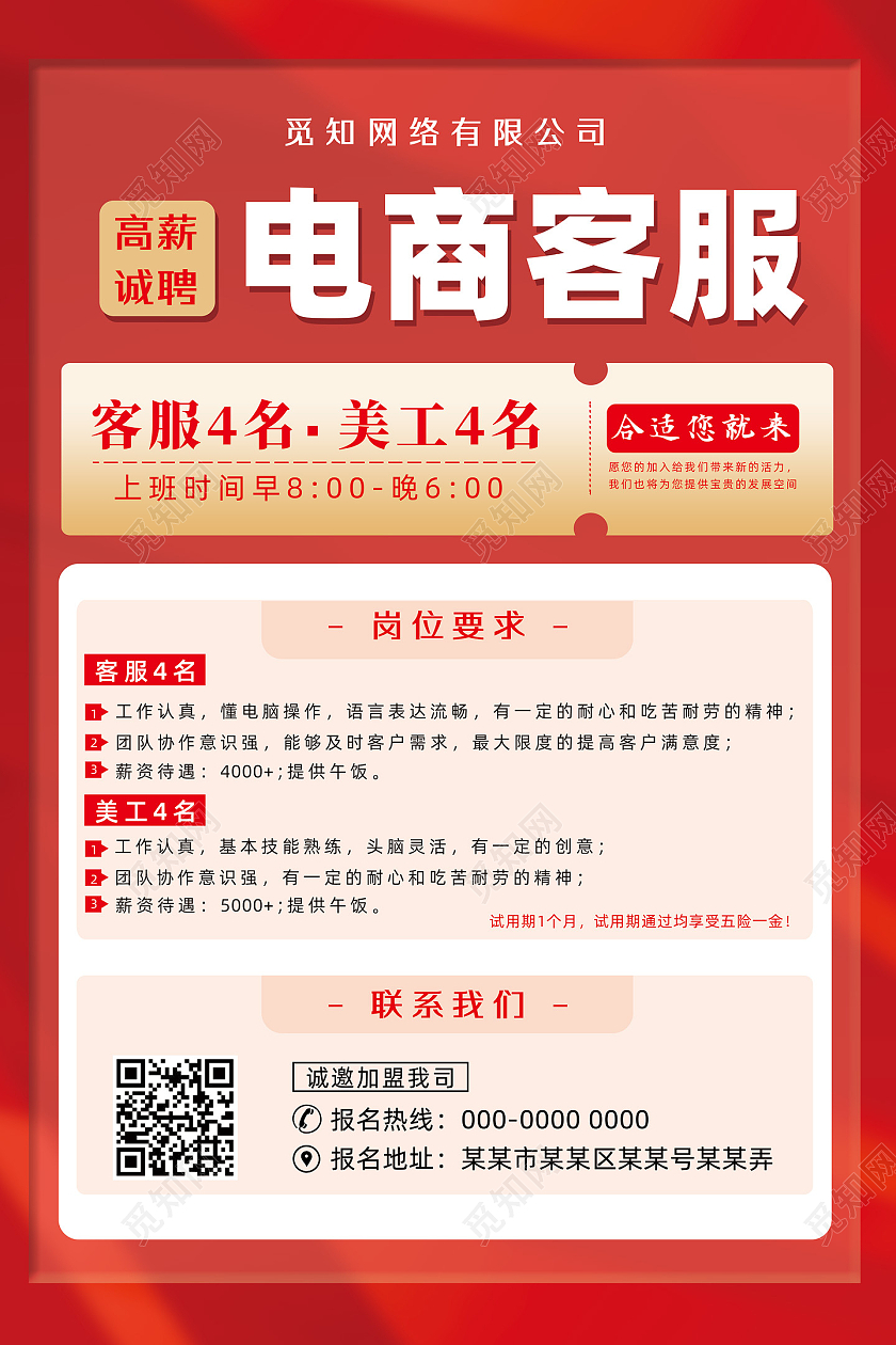 红色大气电商客服招聘招聘海报