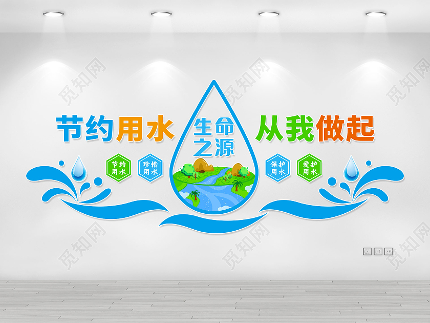 蓝色卡通清新从我做起节约用水文化墙
