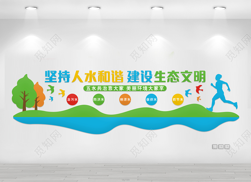 大气坚持人水和谐建设生态文明节约用水文化墙