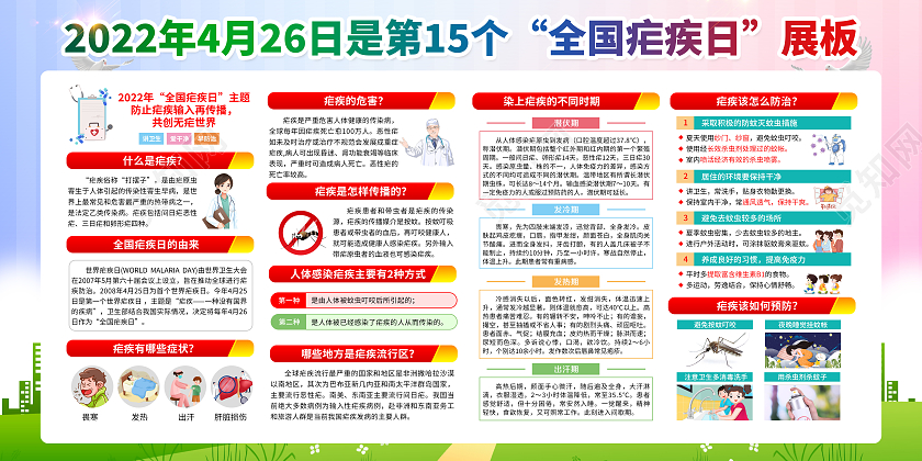水彩风格2022年全国疟疾日宣传栏