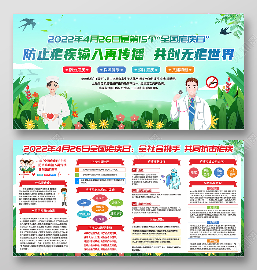 水彩插画2022年全国疟疾日宣传栏