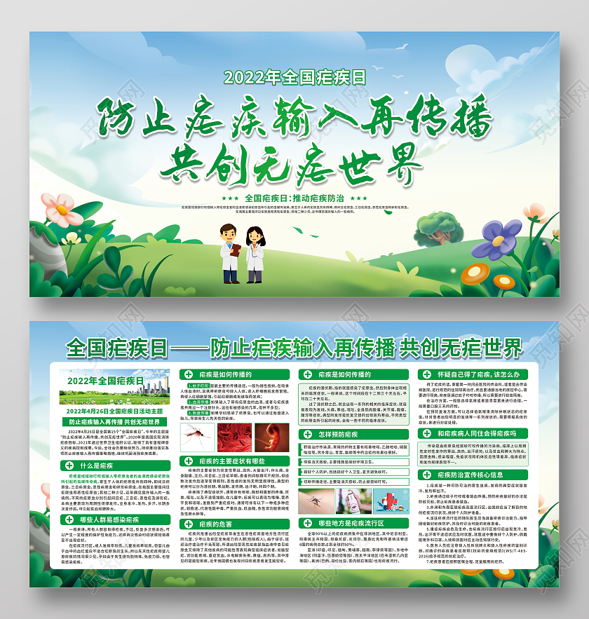 绿色卡通2022年全国疟疾日宣传栏