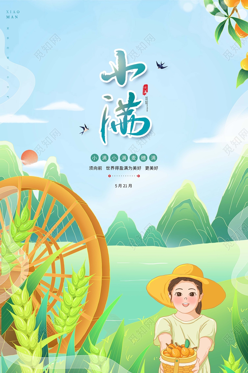 插画清新小满节气二十四节气海报
