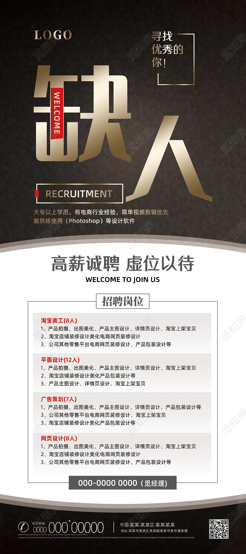 棕色纹理缺人高薪诚聘招聘海报招聘易拉宝招聘展架