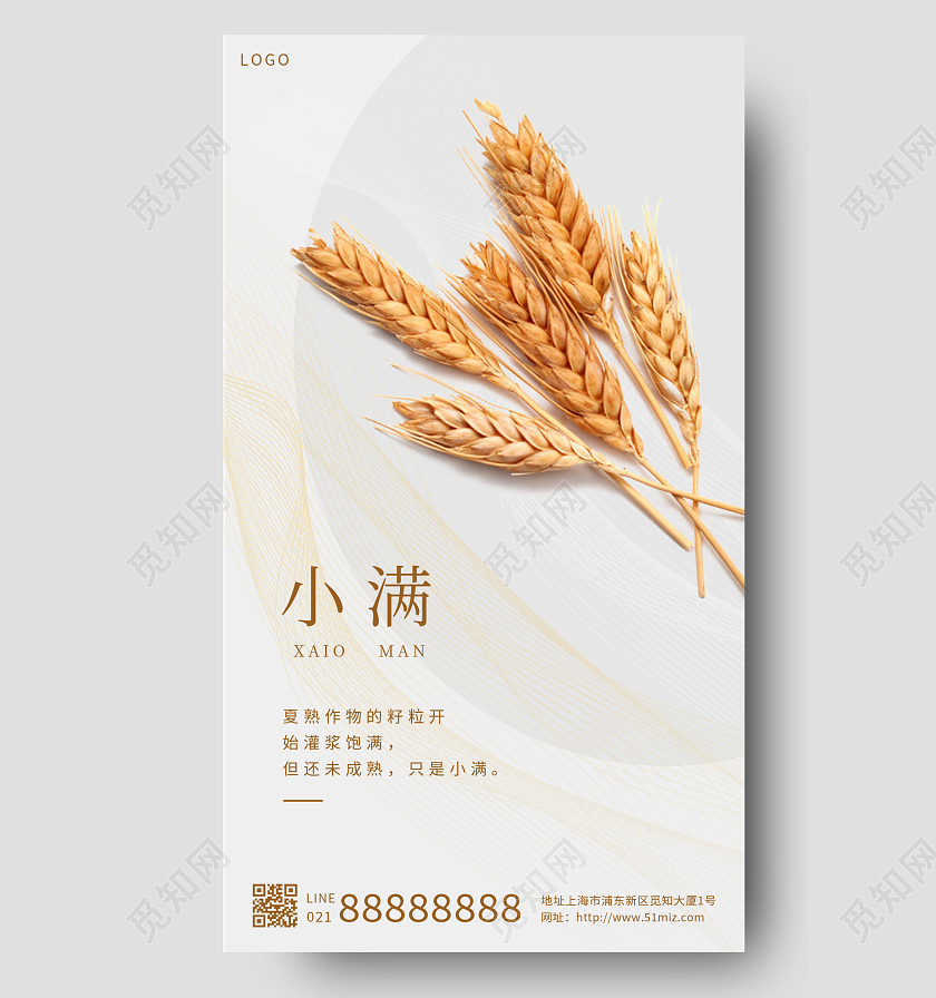 白色创意小满二十四节气小麦手机海报