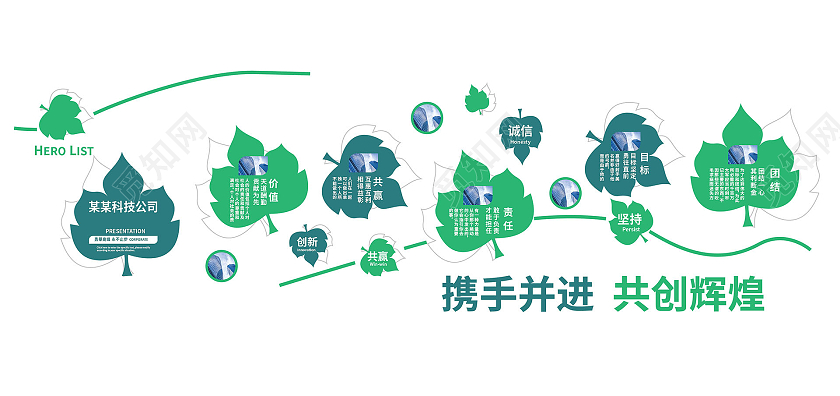 蓝绿色小清新创意携手共进共创辉煌企业文化墙设计企业文化文化墙