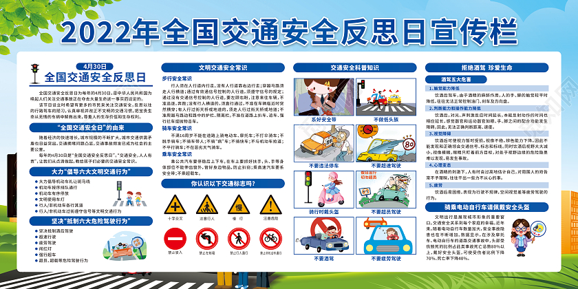 蓝色卡通全国交通安全反思日宣传栏