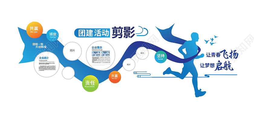 蓝色创意让青春飞扬让梦想启航企业照片墙文化墙设计企业文化文化墙