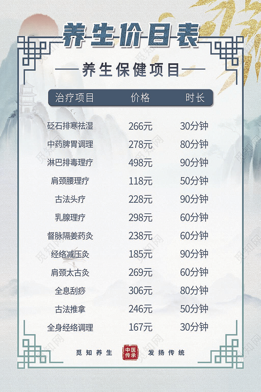 浅蓝色水墨古风养生价目表海报