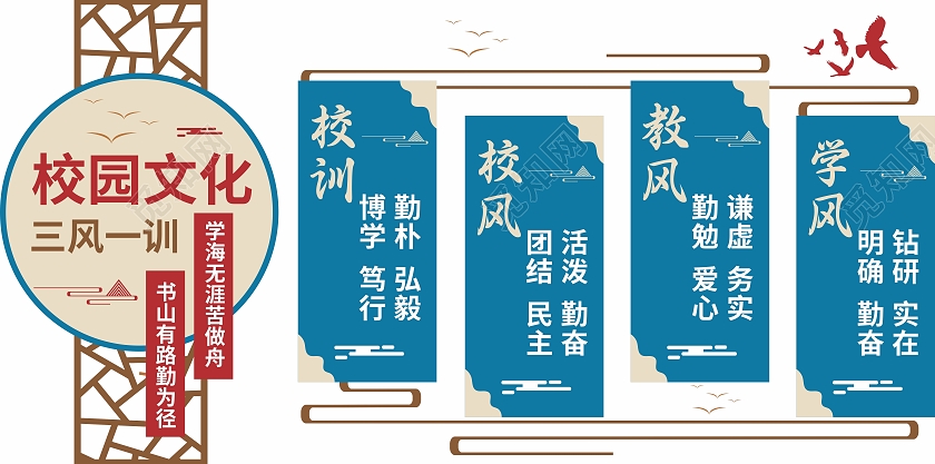 蓝色古典简约三风一训校园文化宣传文化墙三风一训校园文化墙