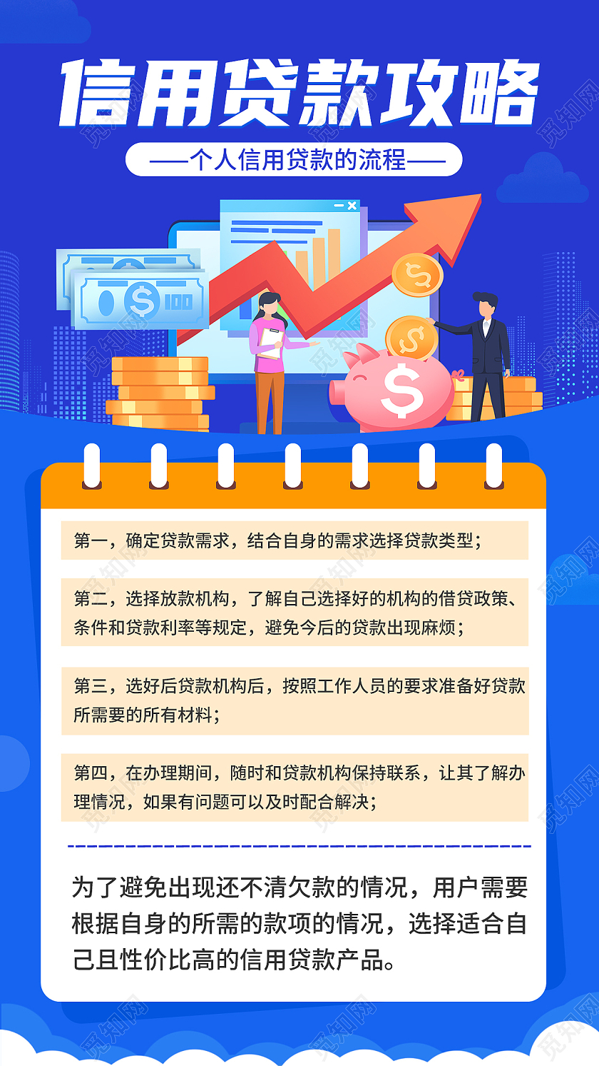 蓝色简约信用贷款攻略无抵押贷款贷款手机海报