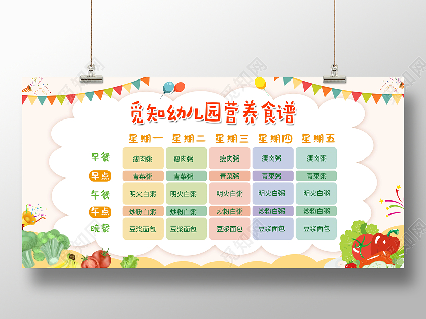 小清新风幼儿园营养食谱海报展板