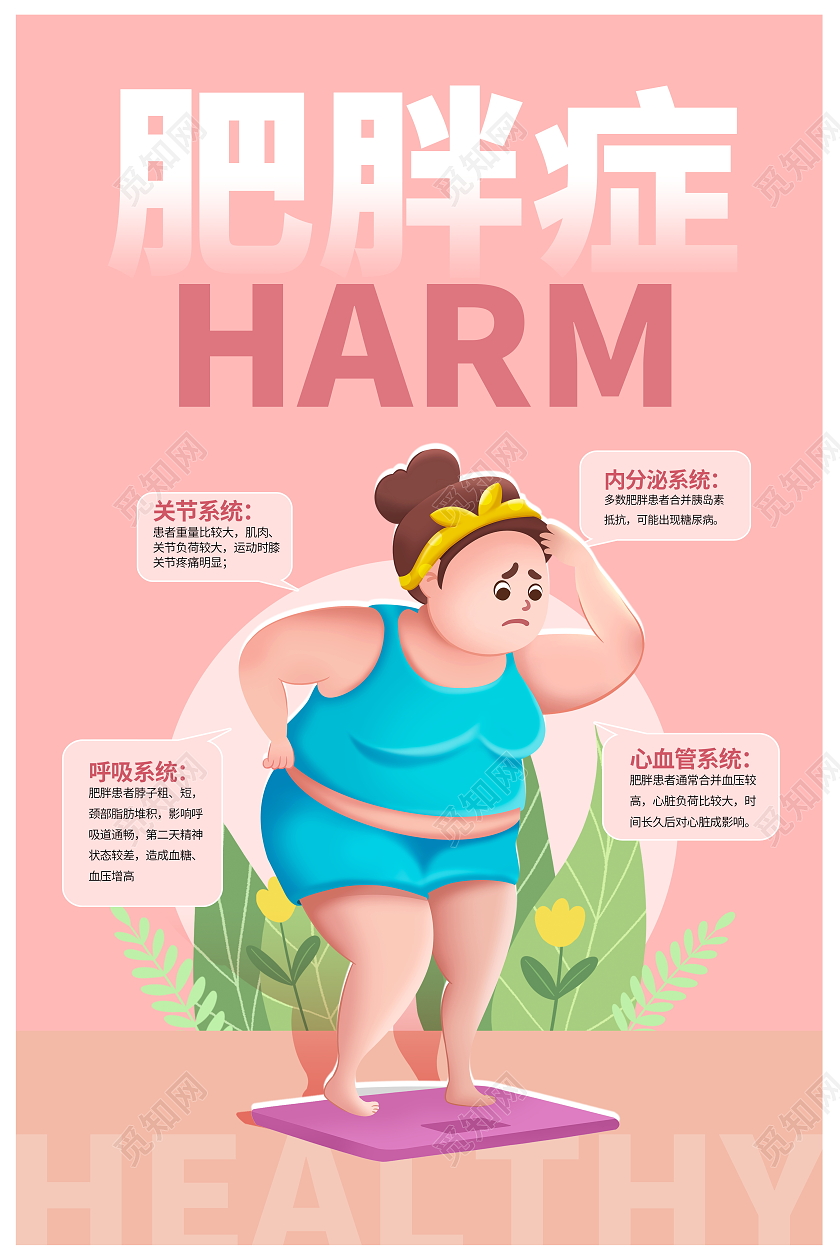 粉色卡通肥胖的危害宣传海报设计