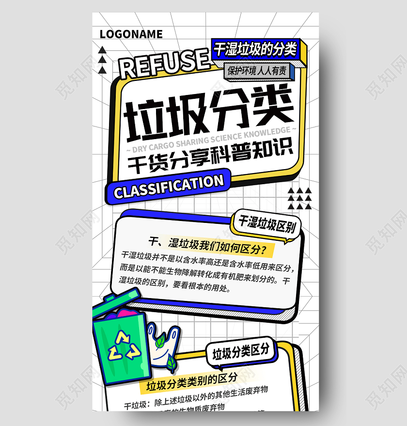 白蓝黄扁平几何拼接垃圾分类科普知识分享垃圾分类长图