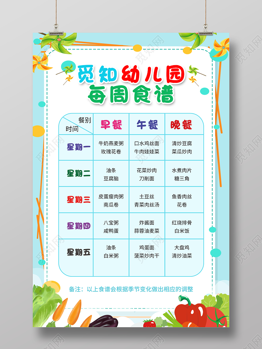 青色小清新觅知幼儿园营养食谱宣传海报