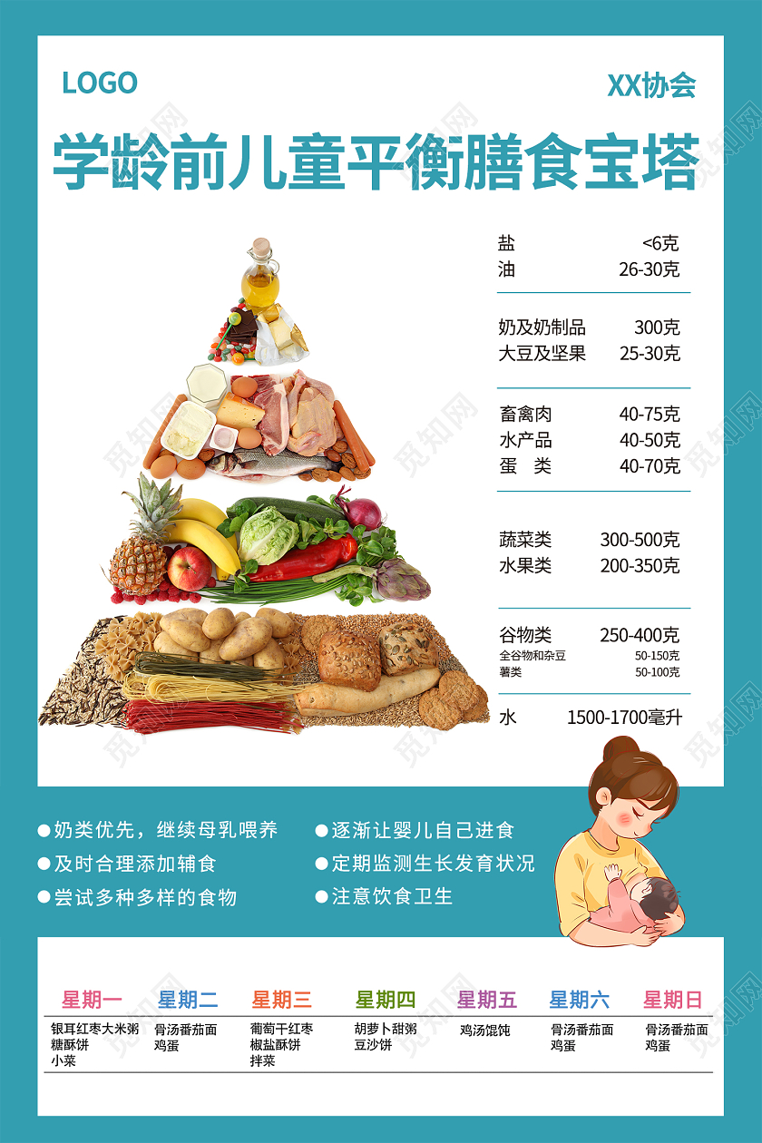 蓝色简约学龄前儿童膳食宝塔营养金字塔海报