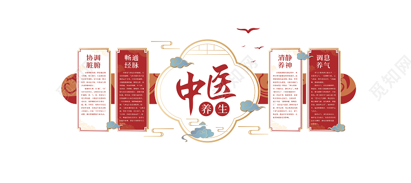 红色国风大气中医养生中医文化墙