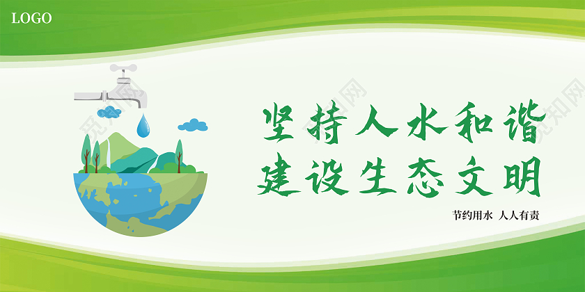 绿色卡通简约节约用水标语海报