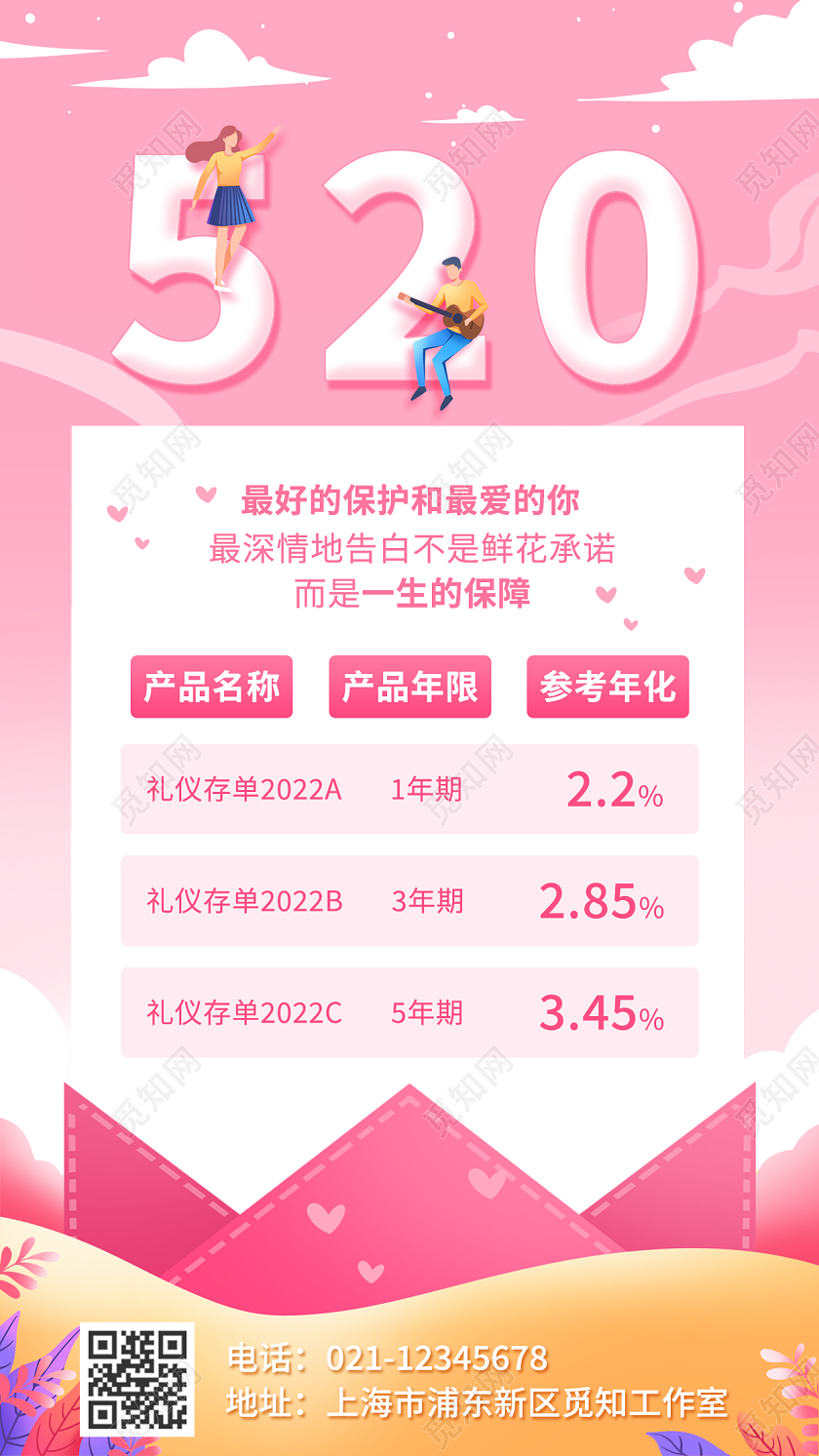 粉色卡通简约渐变520情人节保险手机宣传海报