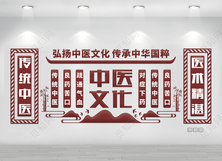 深红色中式古风弘扬中医文化传承中华国粹中医文化墙