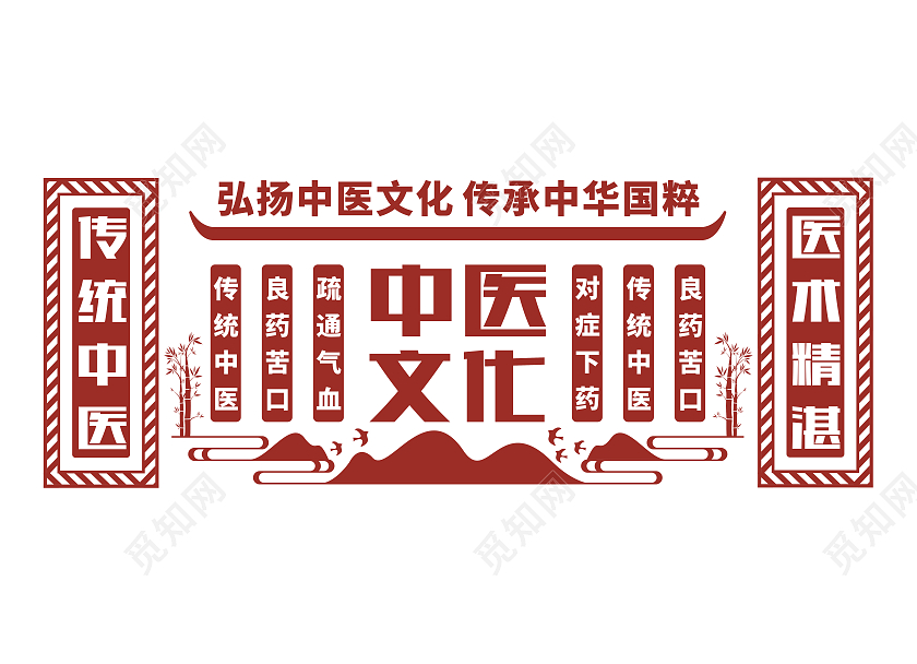 深红色中式古风弘扬中医文化传承中华国粹中医文化墙