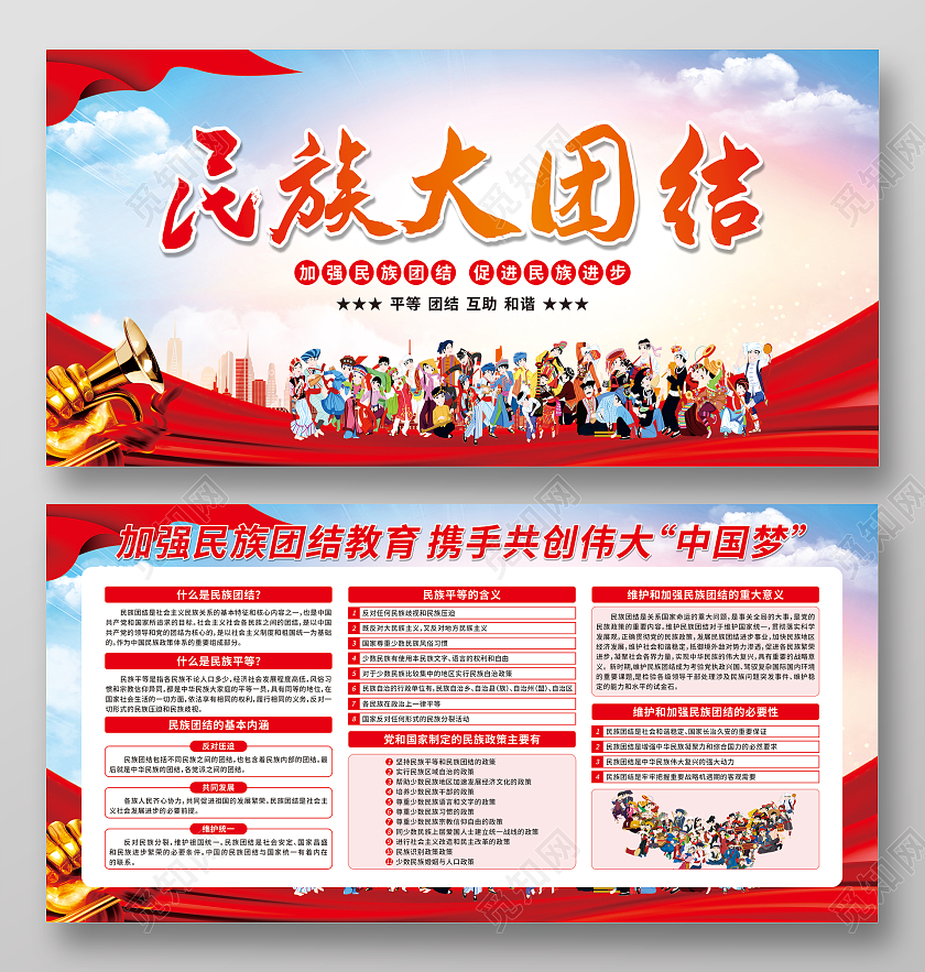 红色渐变民族大团结民族团结宣传栏