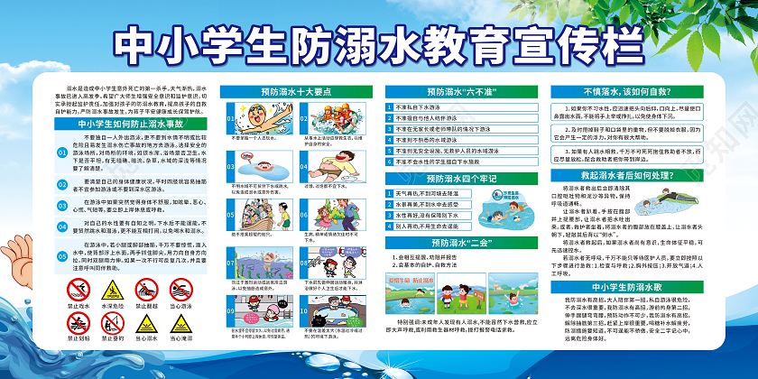 蓝色卡通预防溺水安全教育宣传栏夏天防溺水