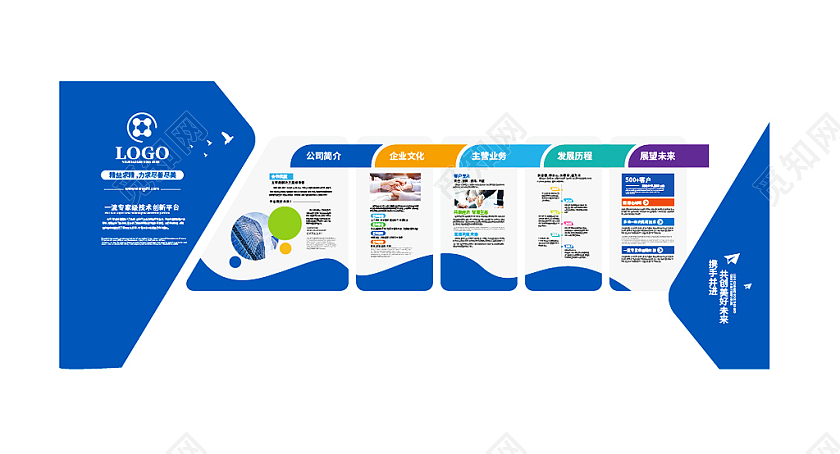 蓝色创意企业文化墙公司简介形象墙设计
