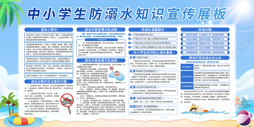 蓝色卡通中小学生防溺水知识宣传展板夏天防溺水宣传栏