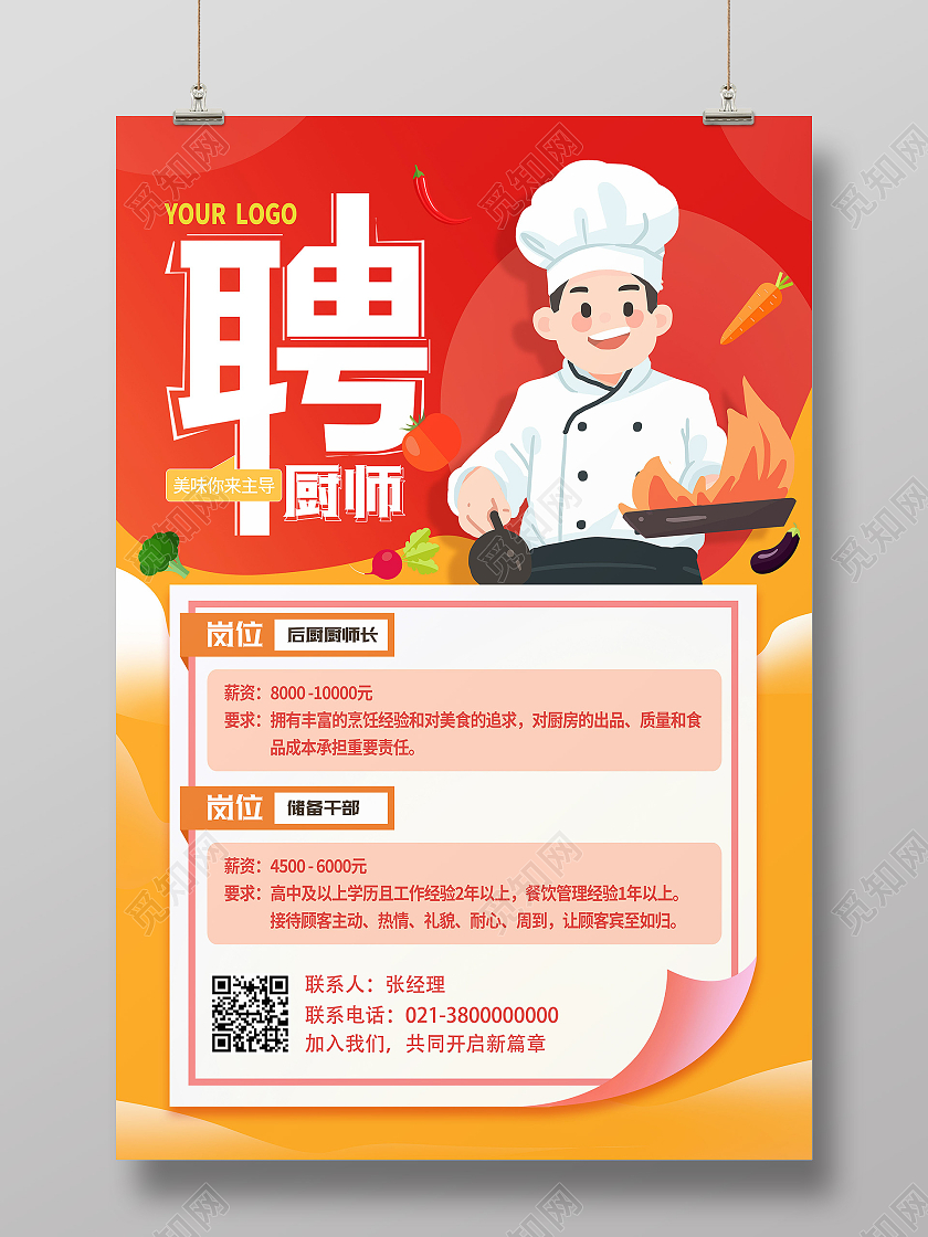 红色卡通招聘厨师饭店招聘海报
