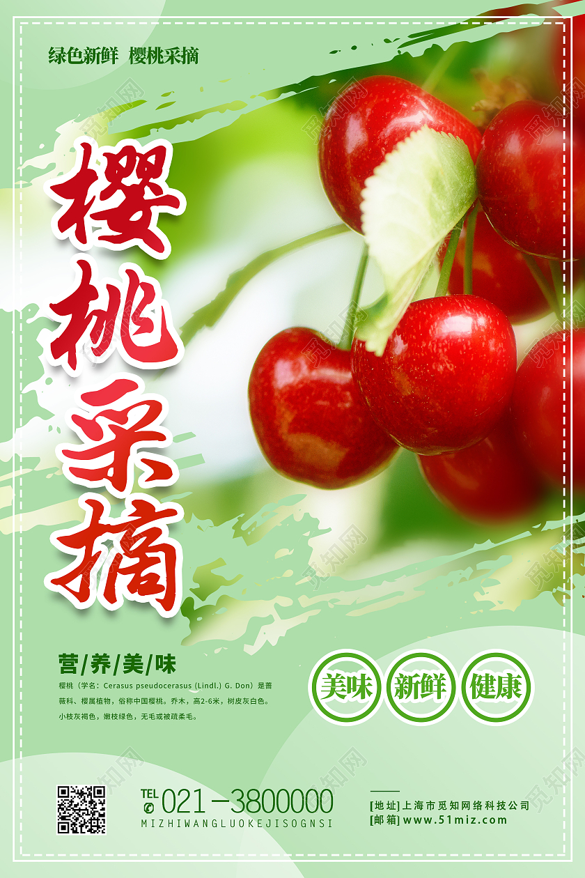 绿色简约樱桃采摘水果美食海报樱桃采摘易拉宝