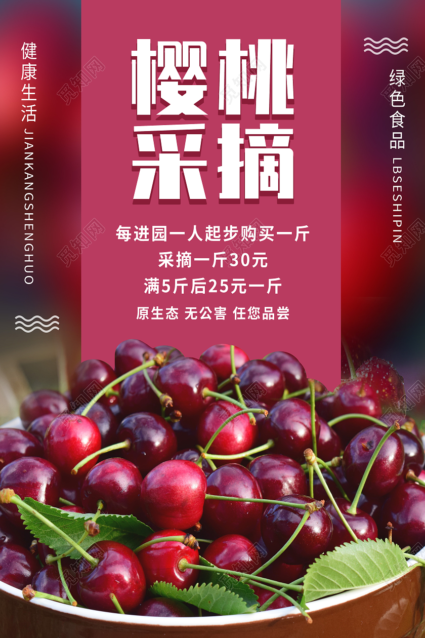 红色简约樱桃采摘水果美食海报樱桃采摘易拉宝