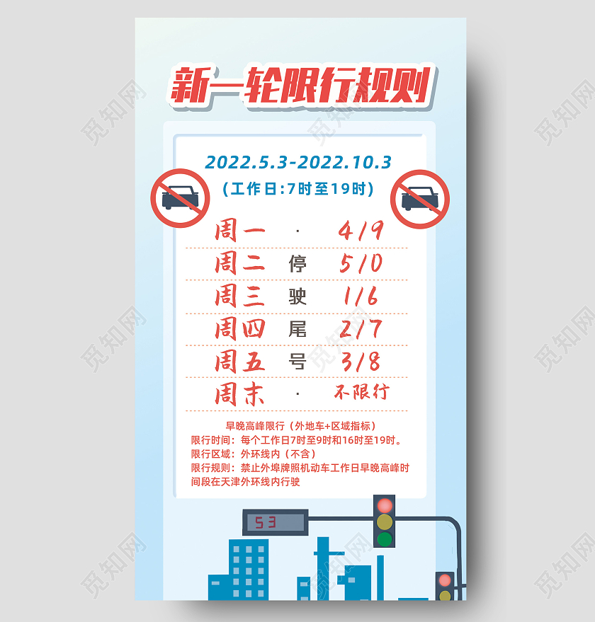 蓝色手绘插画车辆尾号限行限号规则表提醒汽车手机长图
