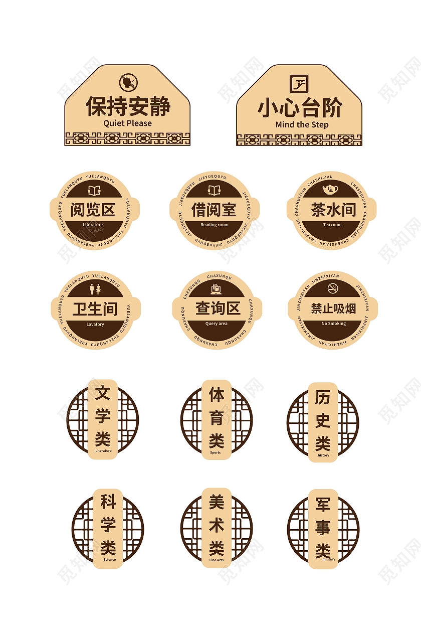 浅褐色创意中国风图书馆书店导视标识牌设计图书馆标识