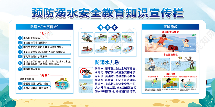 蓝色卡通珍爱生命预防溺水宣传栏夏天防溺水