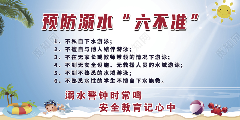 蓝色卡通预防溺水六不准展板