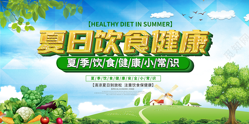 蓝色清新夏季饮食健康小常识展板背景夏季饮食宣传栏