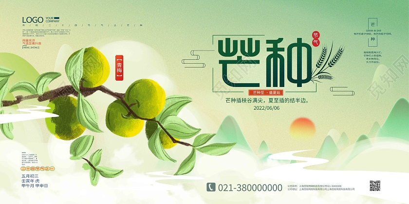 绿色简约芒种二十四节气芒种节日展板芒种节日海报