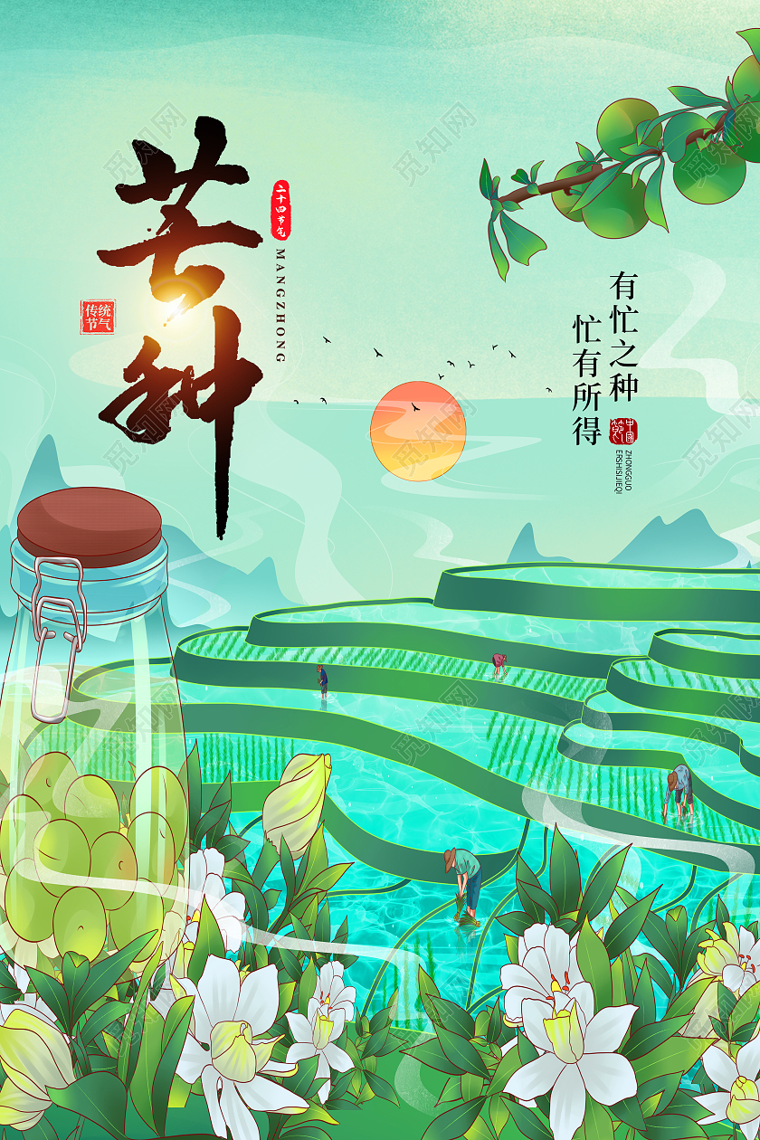 绿色简约芒种二十四节气传统节气芒种节日海报