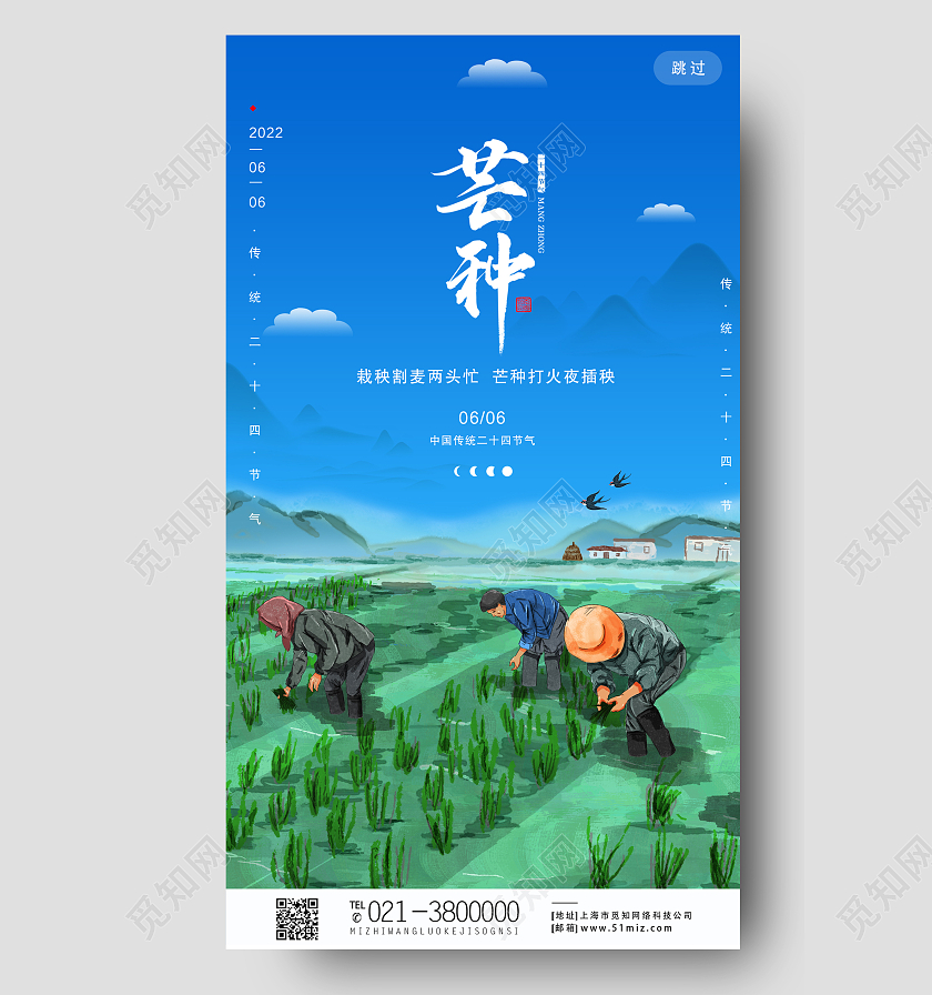 蓝色简约芒种二十四节气传统节气芒种节日手机海报芒种节日海报