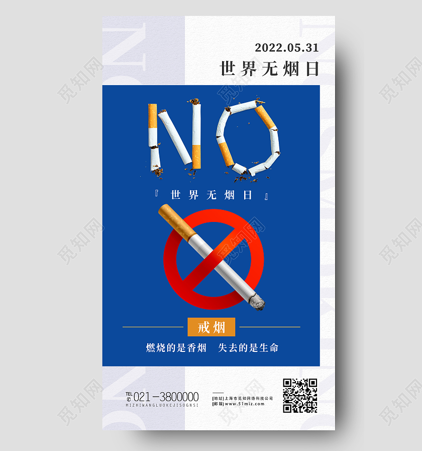 蓝色简约世界无烟日手机宣传海报节日
