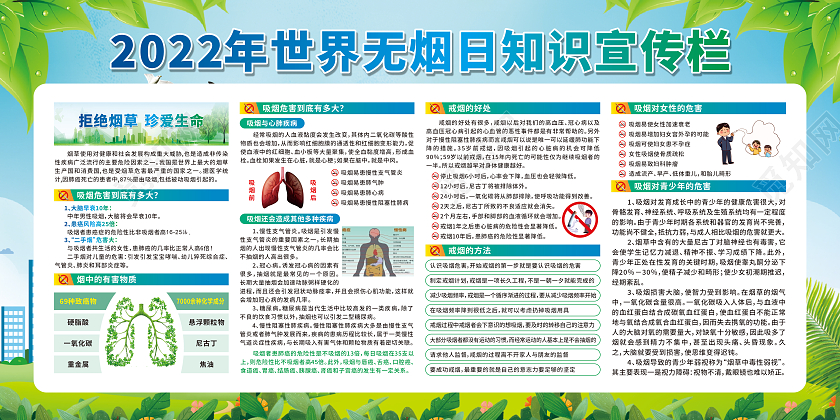 绿色渐变卡通2022年世界无烟日宣传栏
