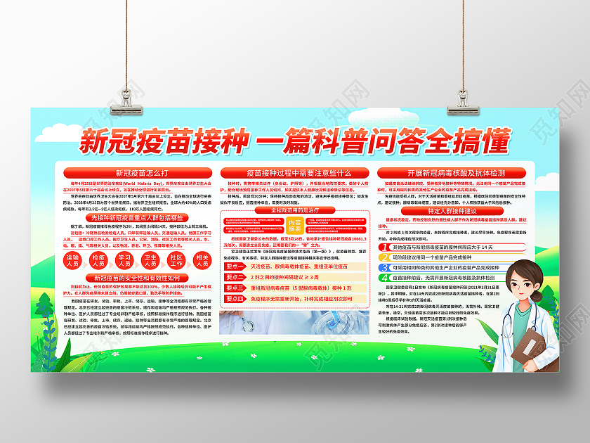 绿色简约新冠疫苗接种一篇科普问答全搞懂接种疫苗宣传栏展板