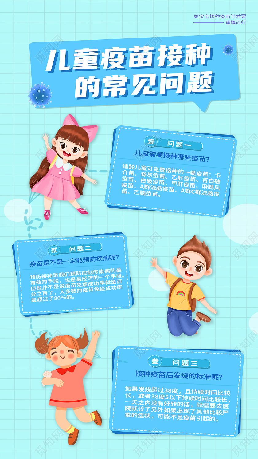 蓝色卡通儿童疫苗接种的常见问题儿童接种疫苗手机文案海报