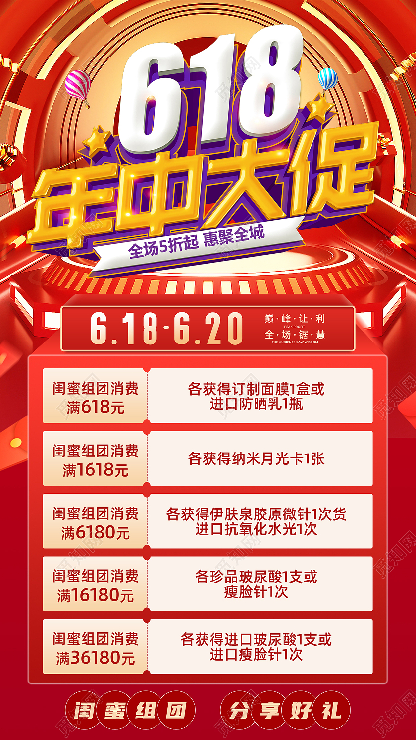 红色电商618美容促销巅峰让利海报