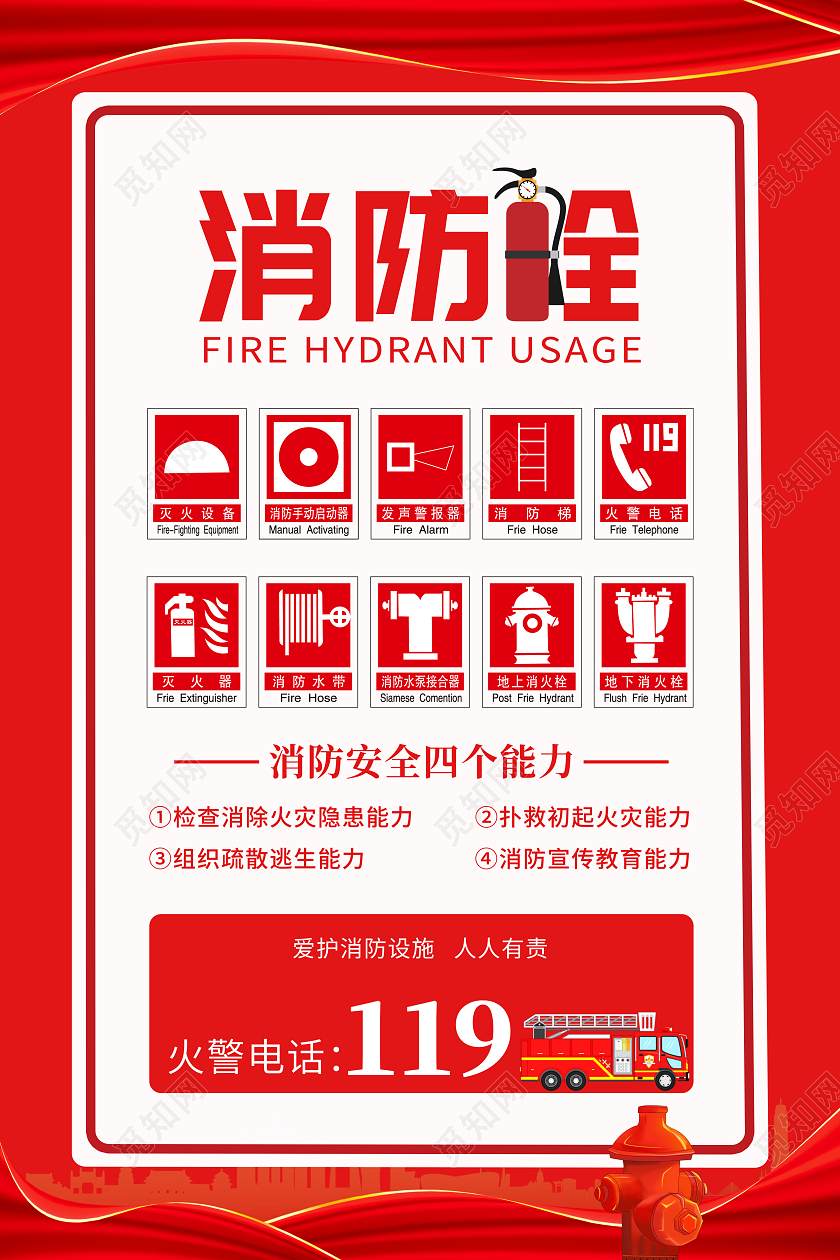 红色简约消防栓使用方法宣传消防标识海报